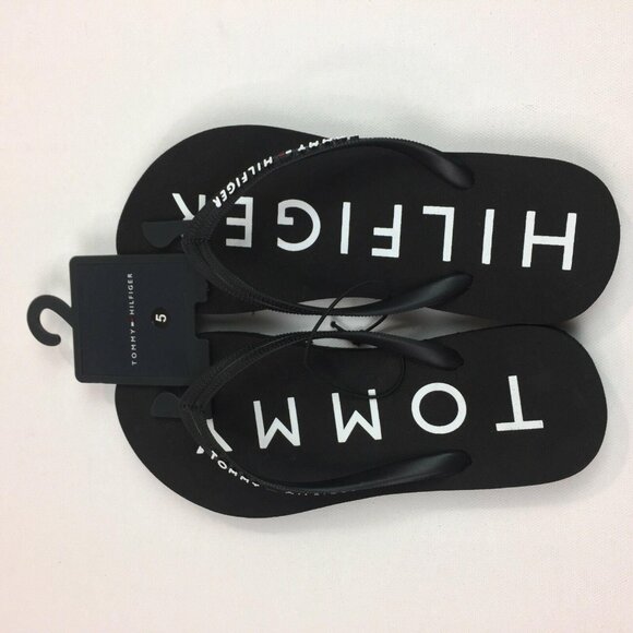 Tommy Hilfiger Womens Black Flip Flops Beach Sandals With Logo Strap Size 5 - Picture 5 of 6